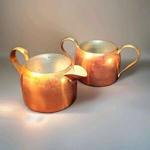 Vintage Copper Creamer and Sugar Bowl by Coppercraft Guild, Brass Handles, 2.5"